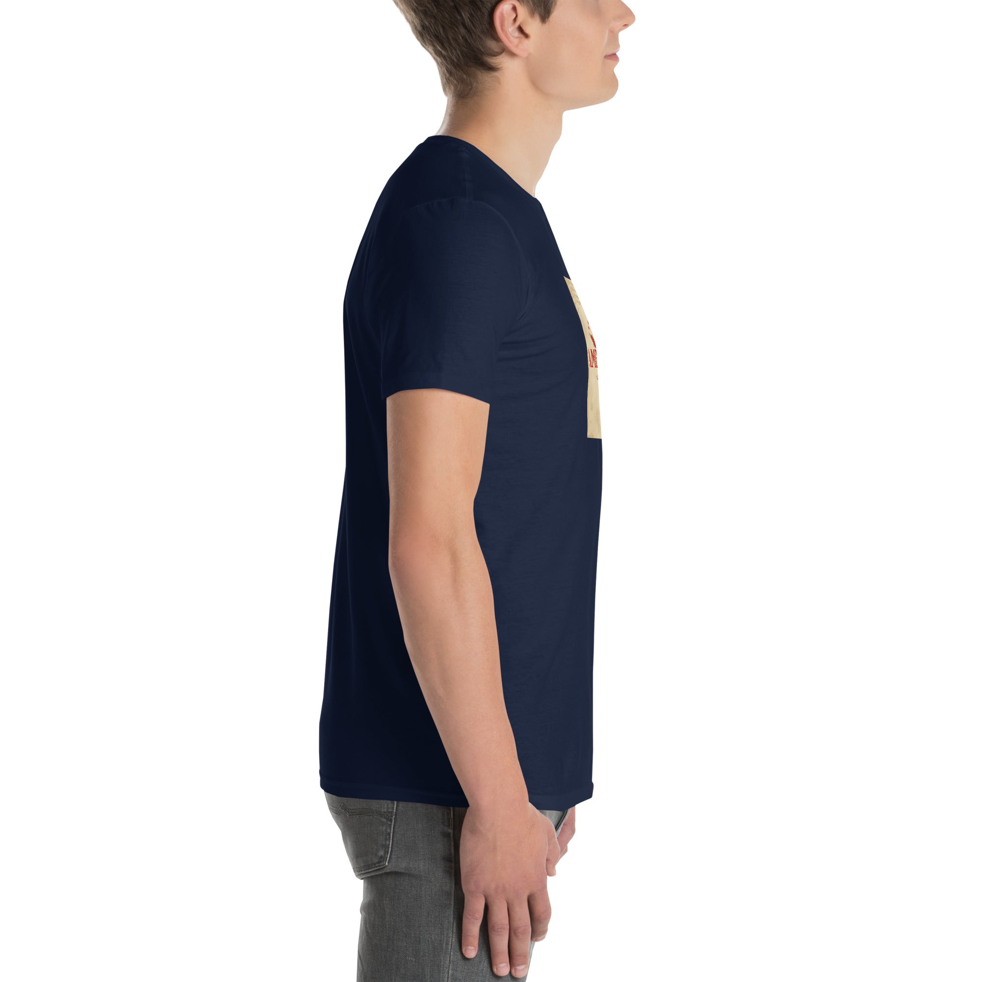 America Is A Scam T-shirt, navy, side profile view