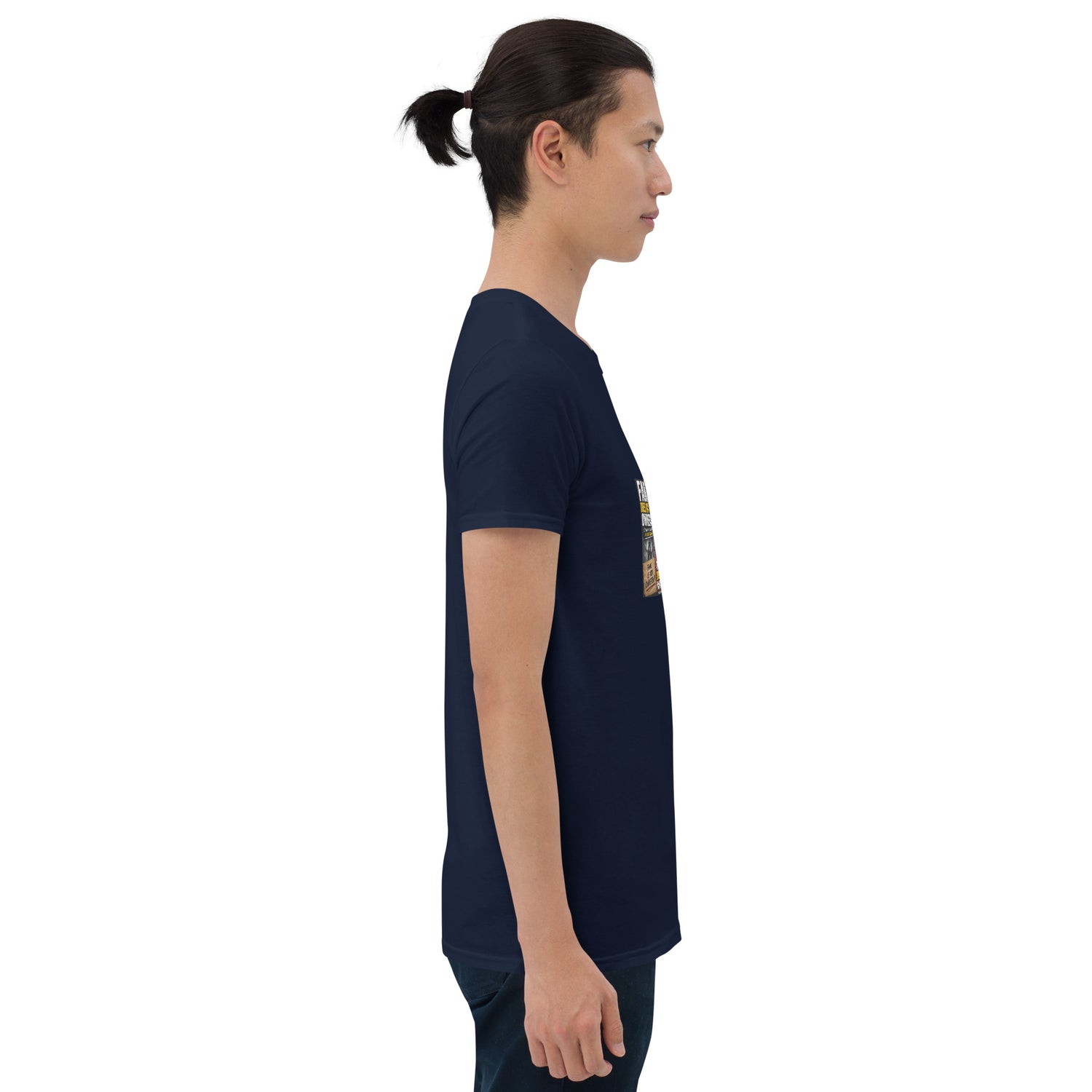 Unisex short-sleeve T-shirt, dark navy, side view with front graphic print