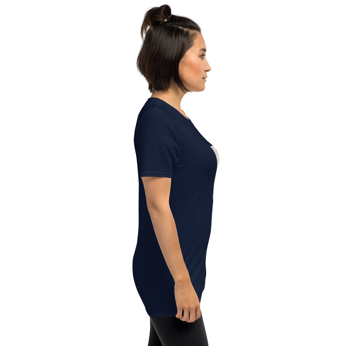 Navy unisex t-shirt profile view, crew neck and short sleeves