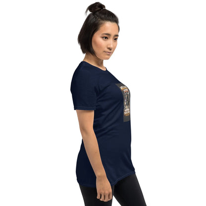 Navy unisex T-shirt side view with front graphic panel