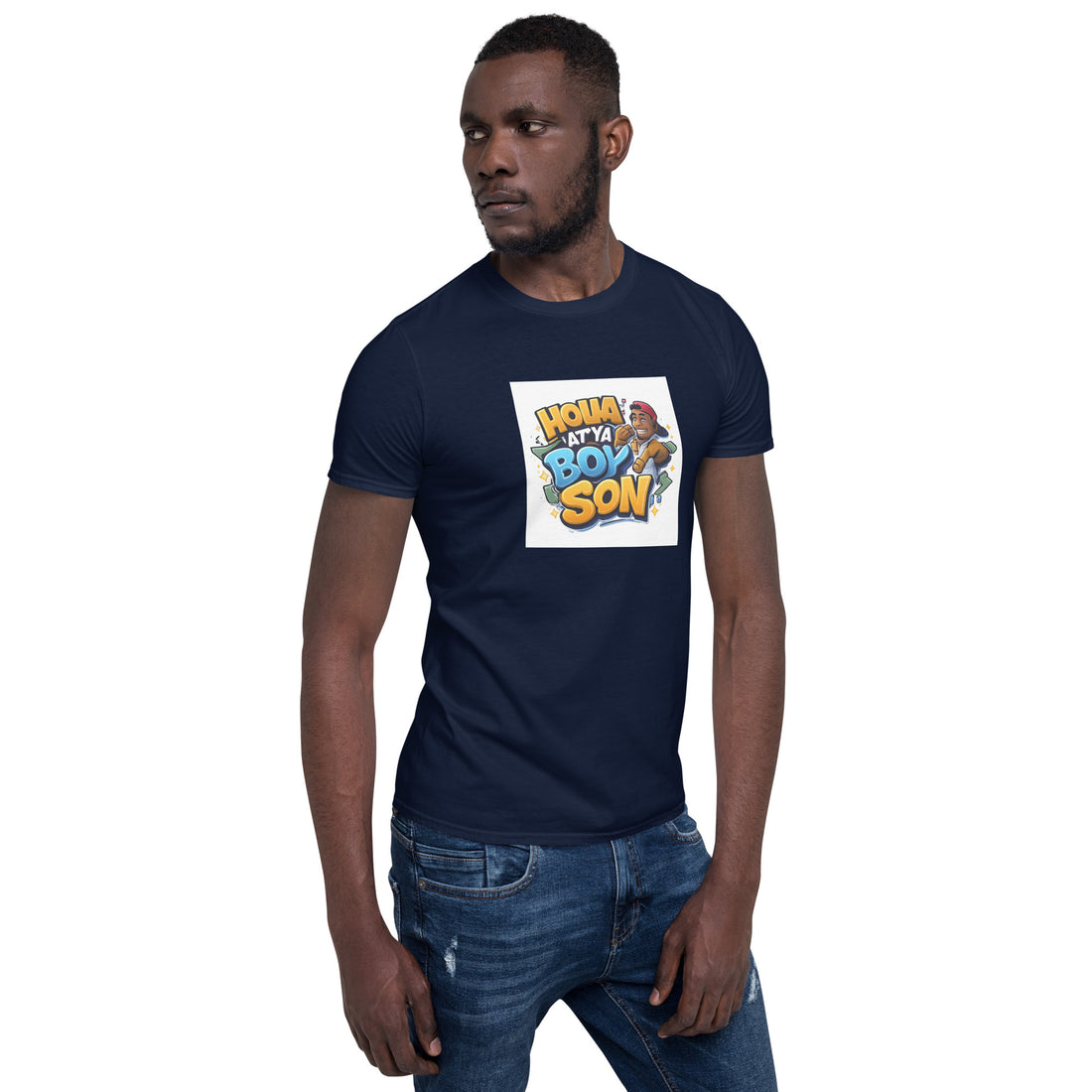 Navy unisex short-sleeve T-shirt featuring the “Holla at Ya Boy Son” square chest print