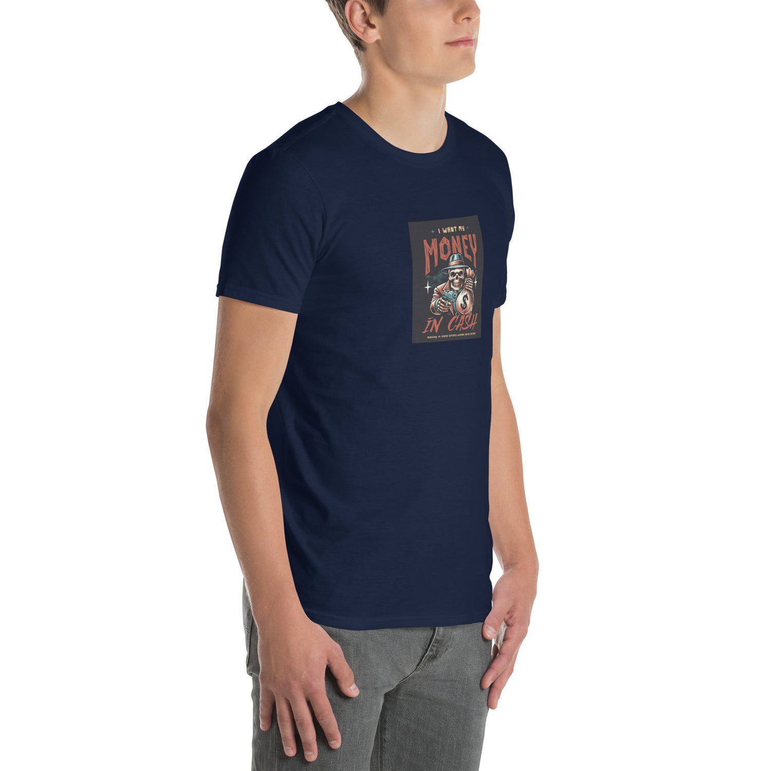 Navy unisex T-Shirt mit quadratischem Frontmotiv „Money in Cash“.