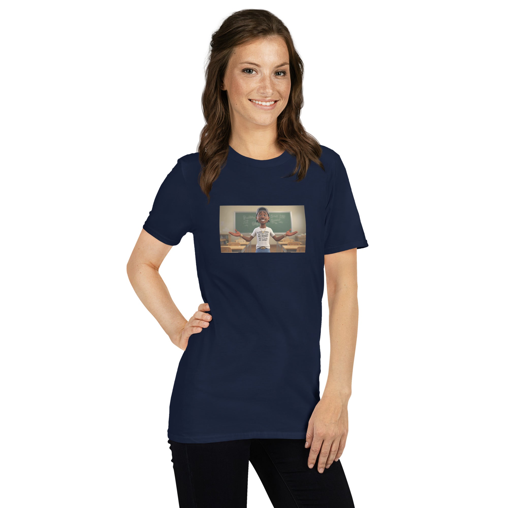 Navy unisex T-shirt front graphic close-up, short sleeves, crew neckline