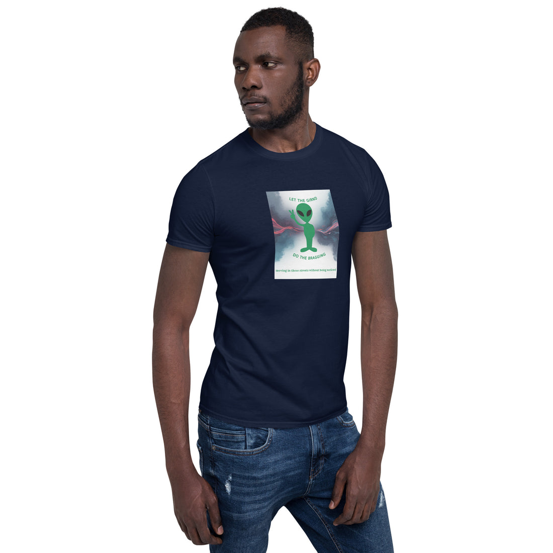 Navy unisex T-shirt, front graphic centered, crew neck