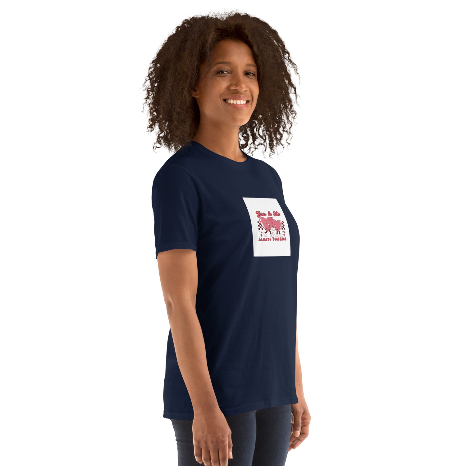 Navy unisex T-shirt with square heart couple graphic on chest