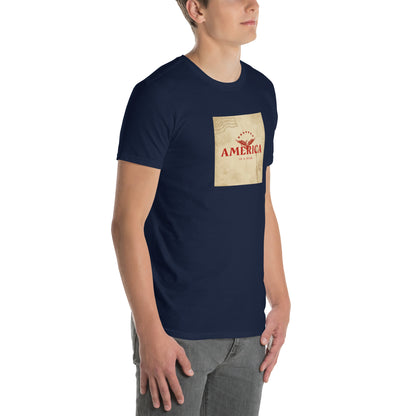 America Is A Scam T-shirt, navy, front print close-up