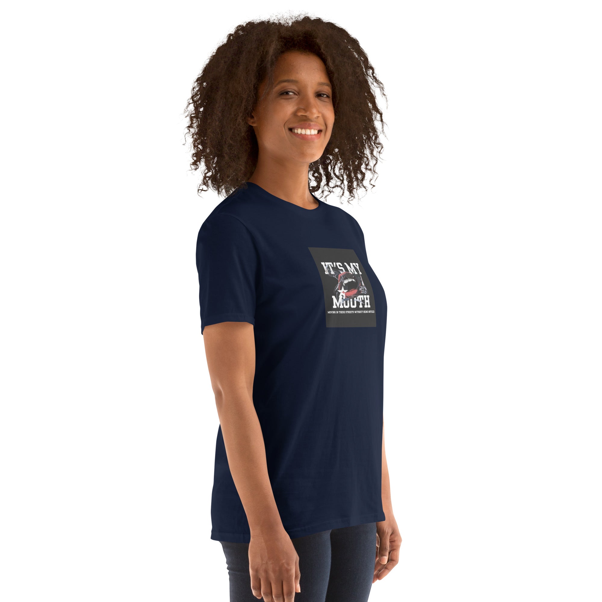 Navy unisex short-sleeve T-shirt with “IT’S MY MOUTH” graphic on front