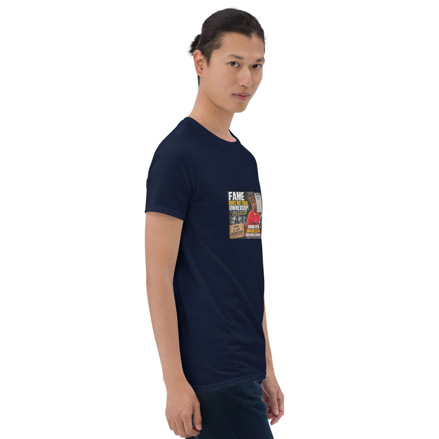 Unisex short-sleeve T-shirt, dark navy, front view with Fame graphic print