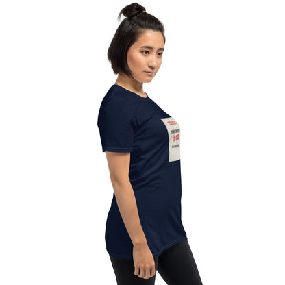 Navy unisex t-shirt side view with small back/side graphic panel and short sleeves