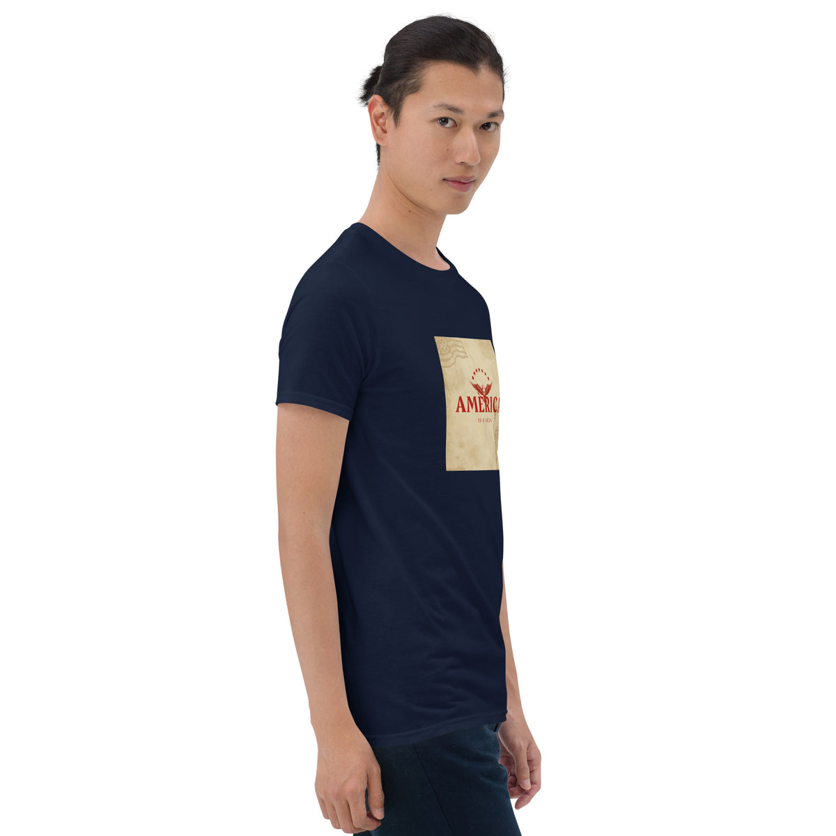 Navy unisex graphic tee with square America print and short sleeves
