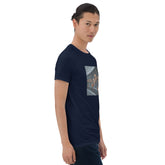 Navy graphic tee with framed photo of people behind bars on chest, front view