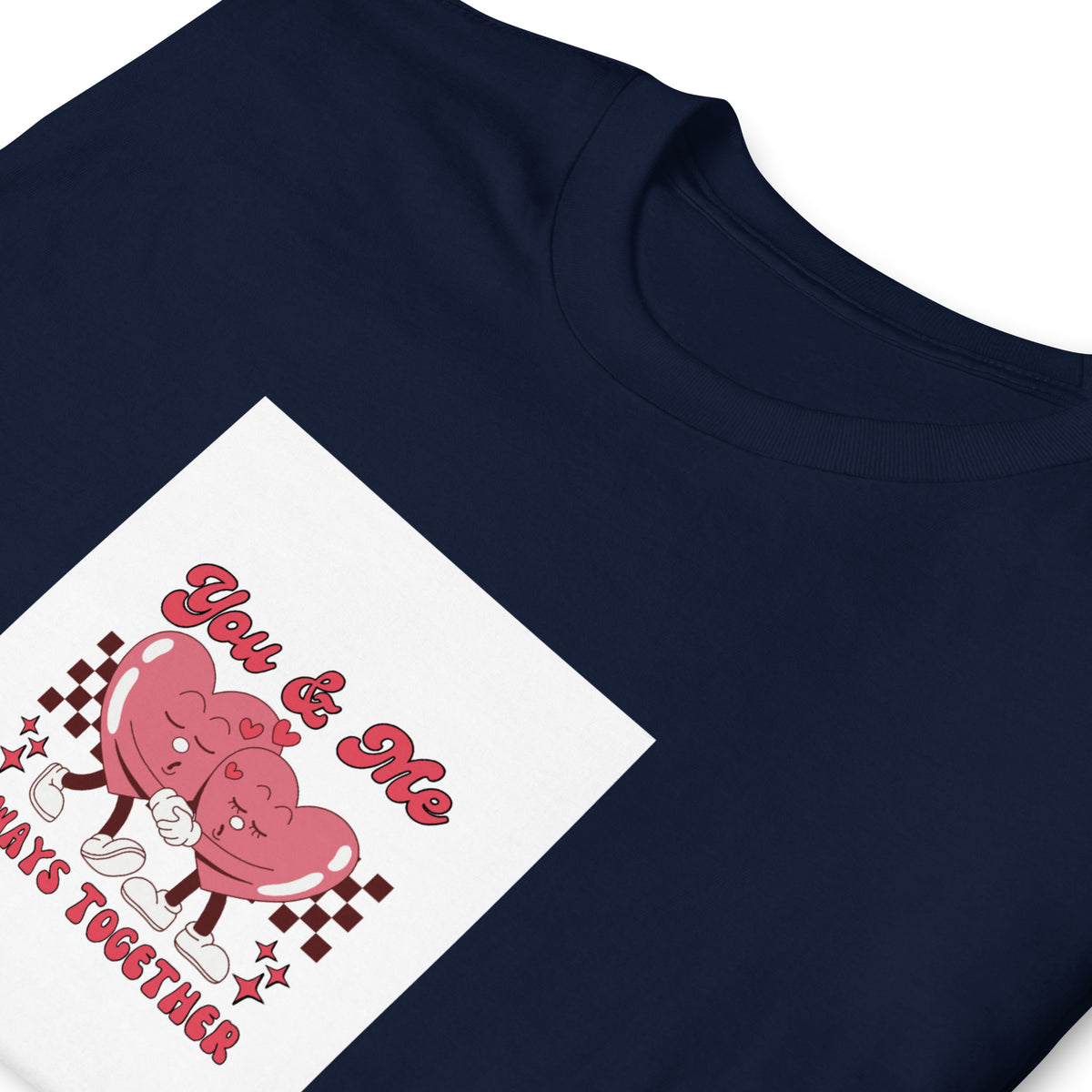 Navy graphic tee with pink “You &amp; Me” couple on white diamond patch