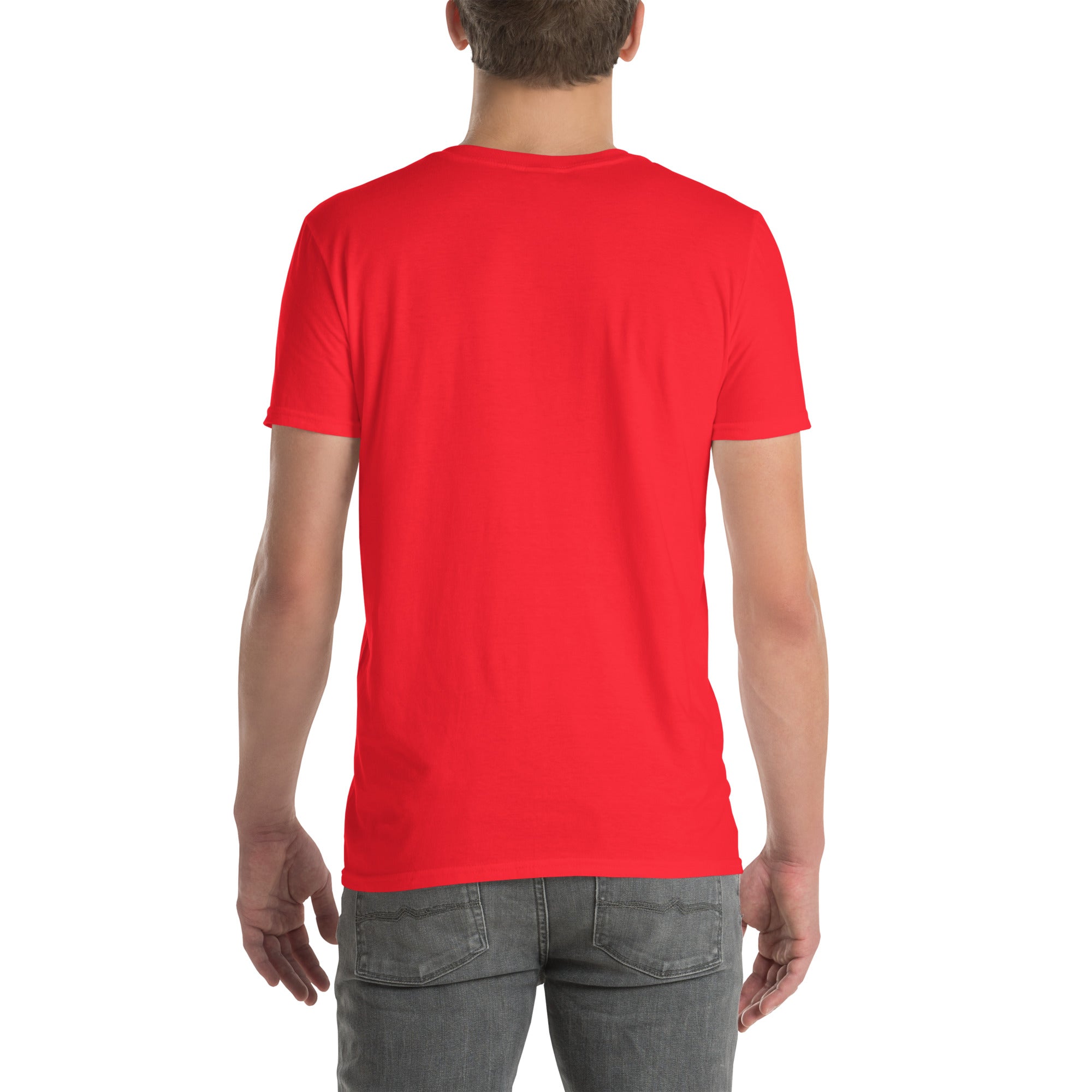 Red unisex short-sleeve T-shirt from back, plain rear view