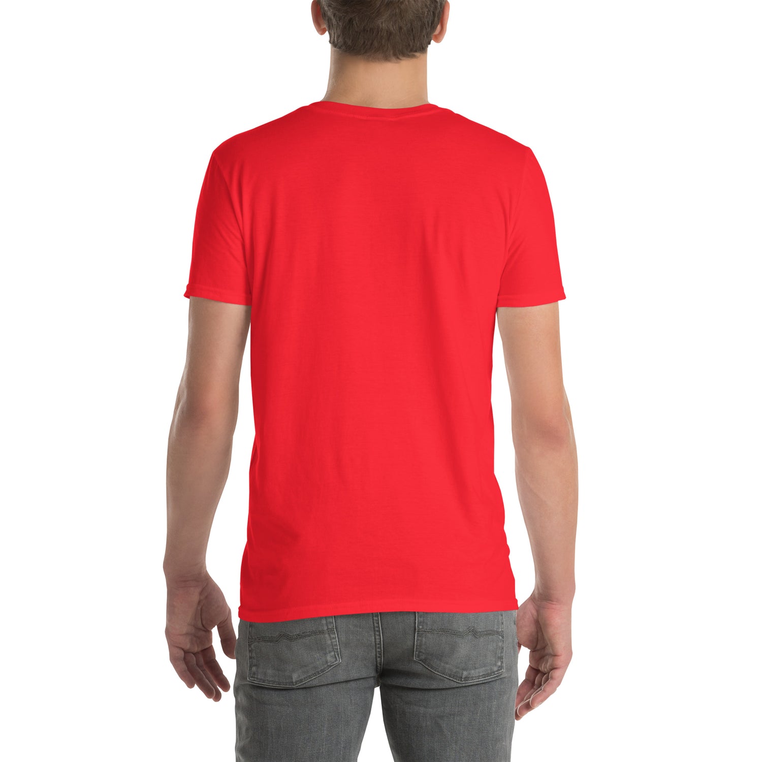 T-shirt America Is A Scam rosso da dietro, maniche corte, girocollo