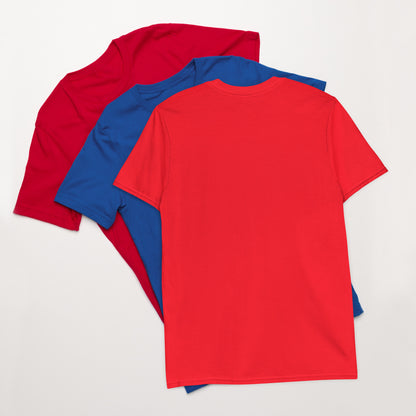 Plain red unisex T-shirt back view, with blue and black tees behind