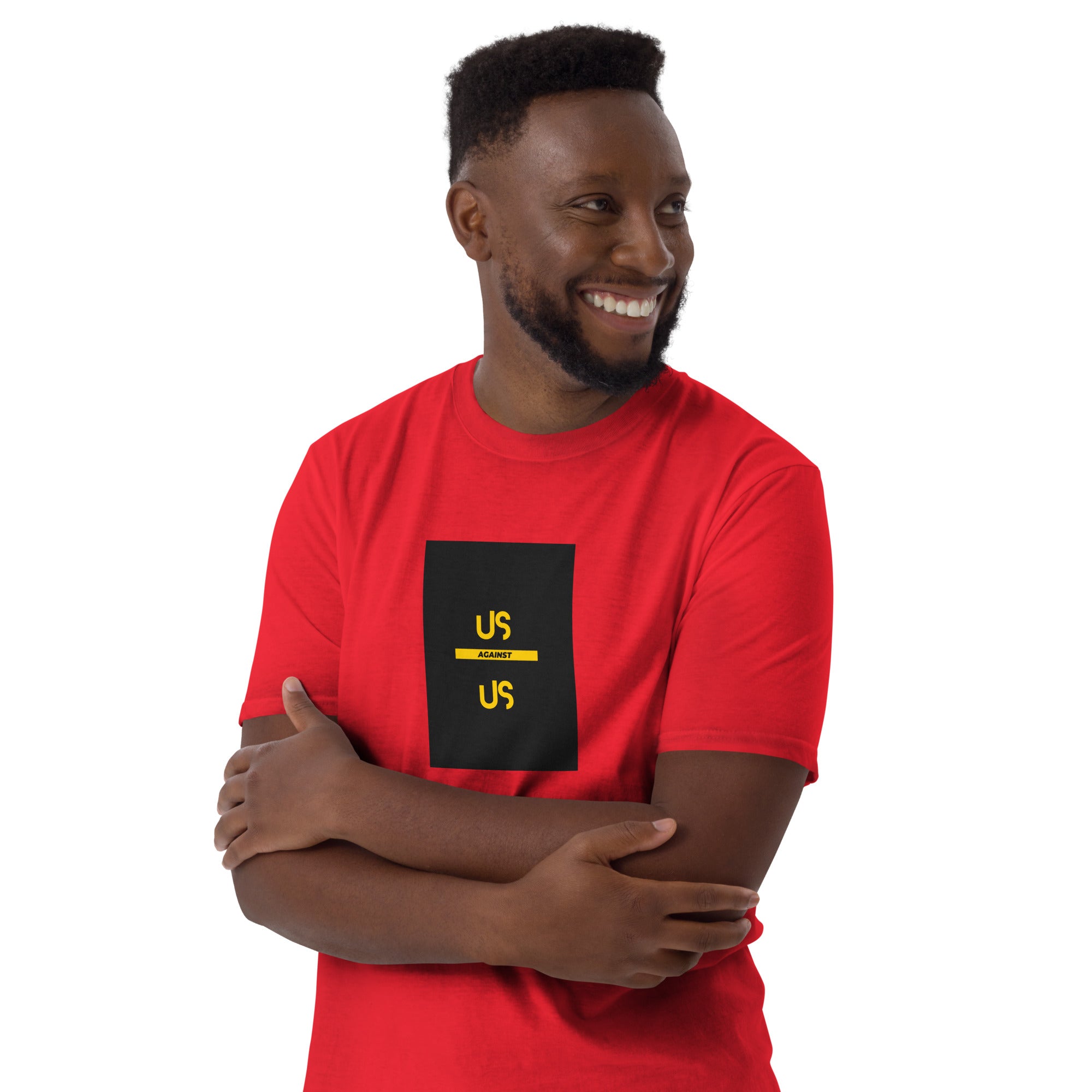 Red unisex T-shirt, front “US against US” square print with yellow “US” text