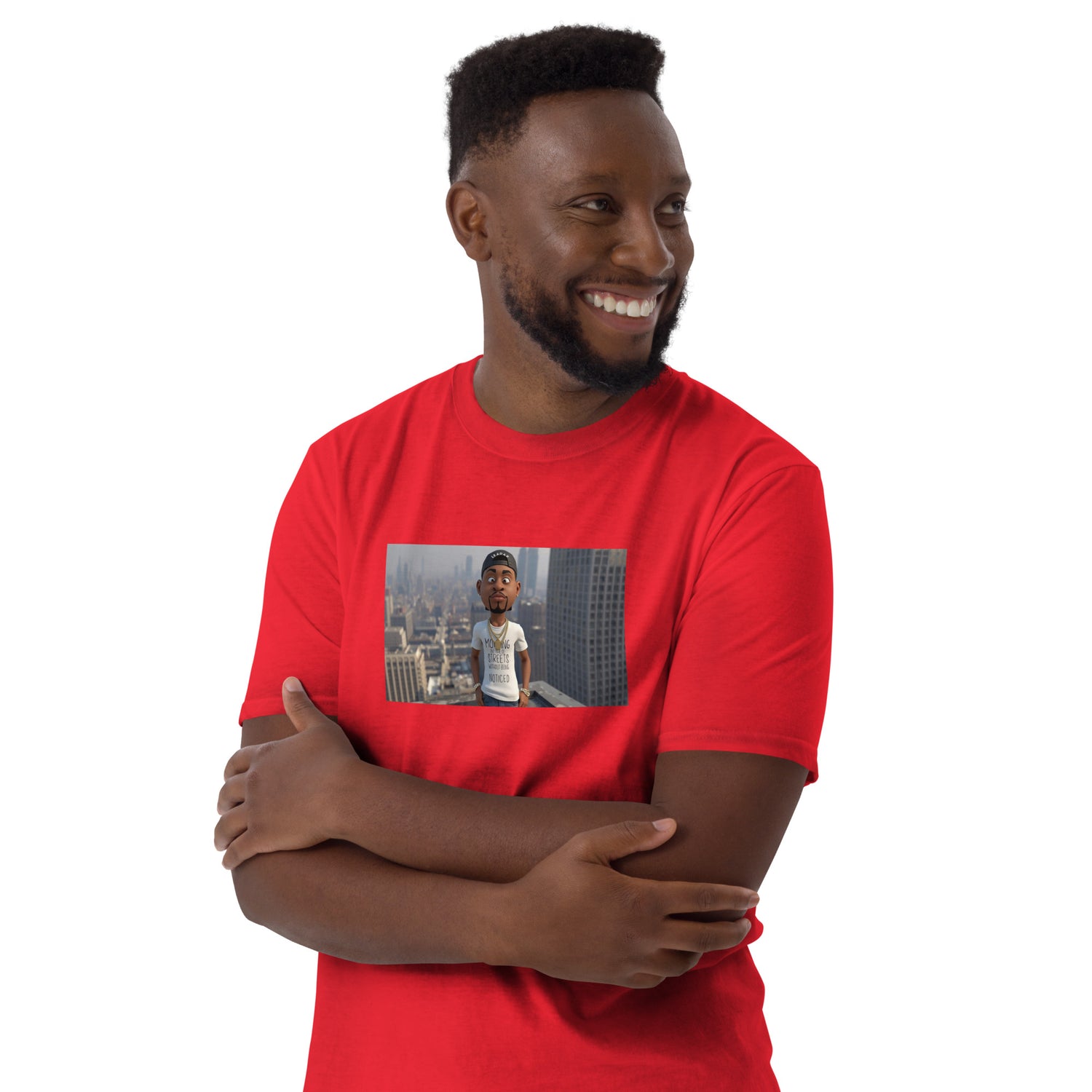 Unisex short-sleeve T-shirt (red) with front photo graphic, side view