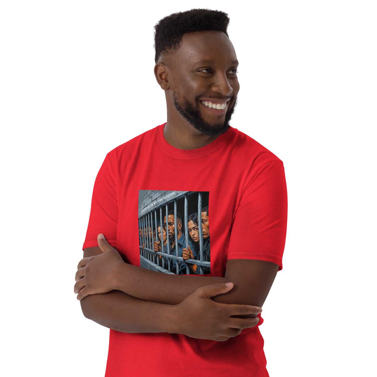 Red unisex T-shirt, front graphic panel and crew neck