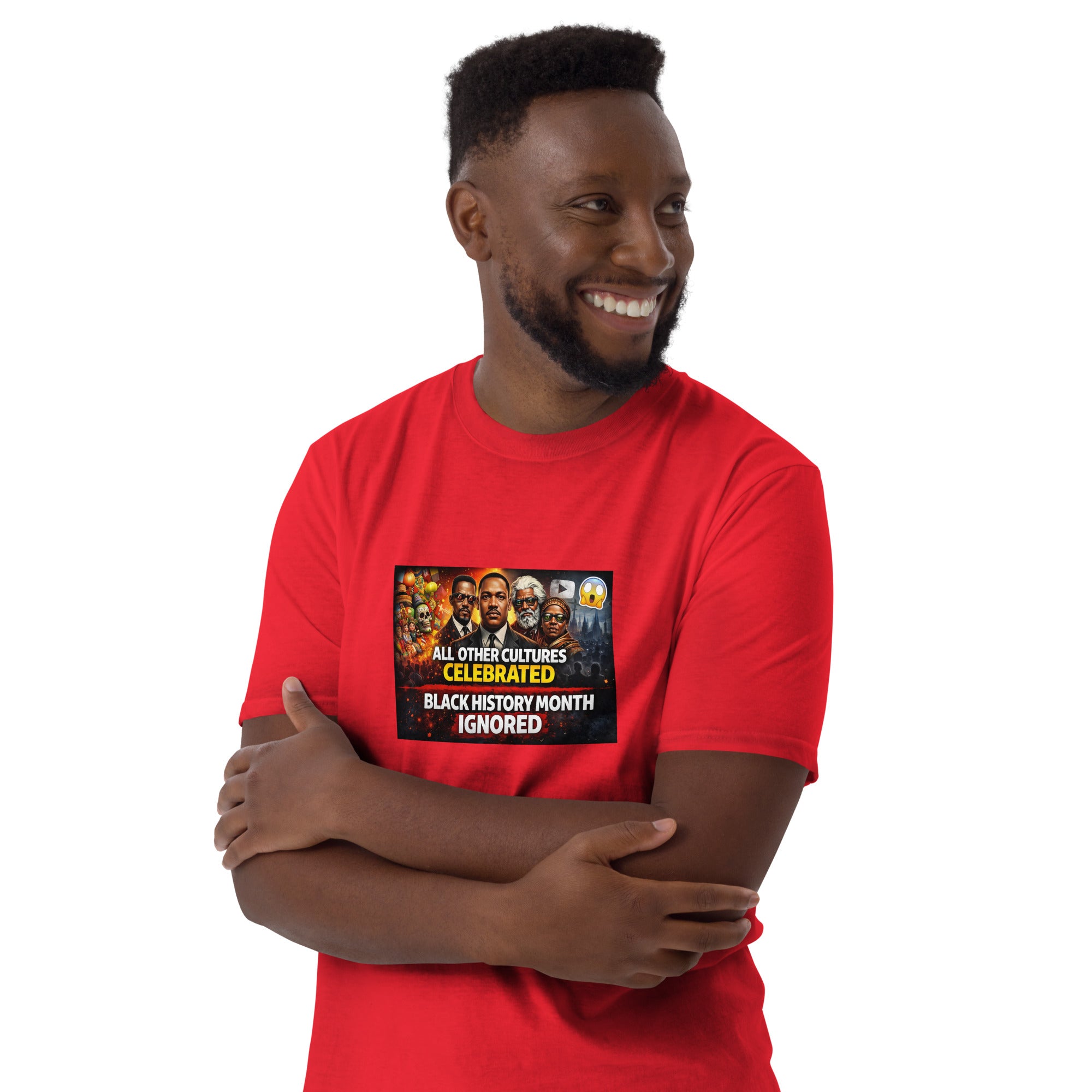 Red unisex short-sleeve T-shirt with centered “BLACK HISTORY MONTH IGNORED” print.