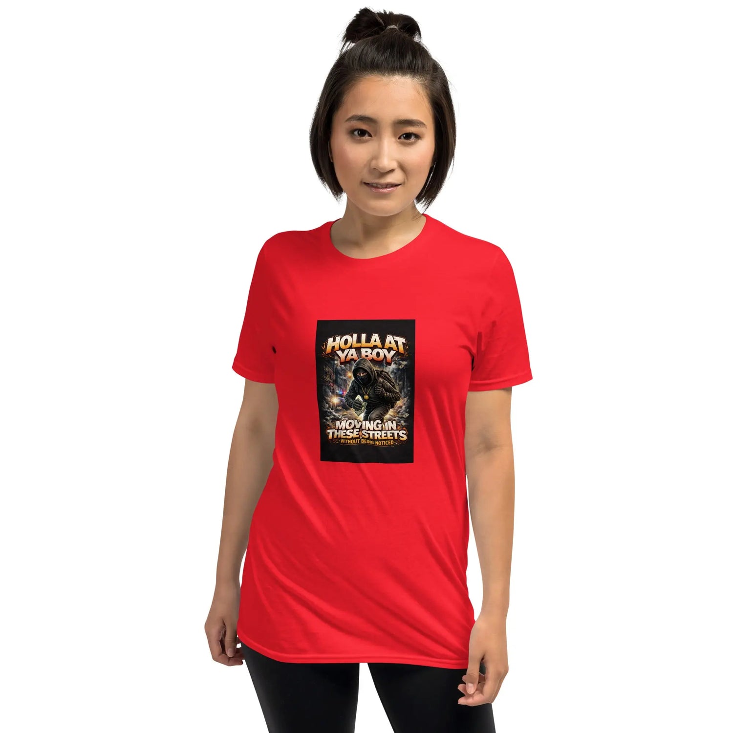 Unisex T-shirt in red, front view, crew neck, square graphic with text on chest