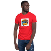 Red unisex short-sleeve T-shirt with crew neck and front chest graphic print