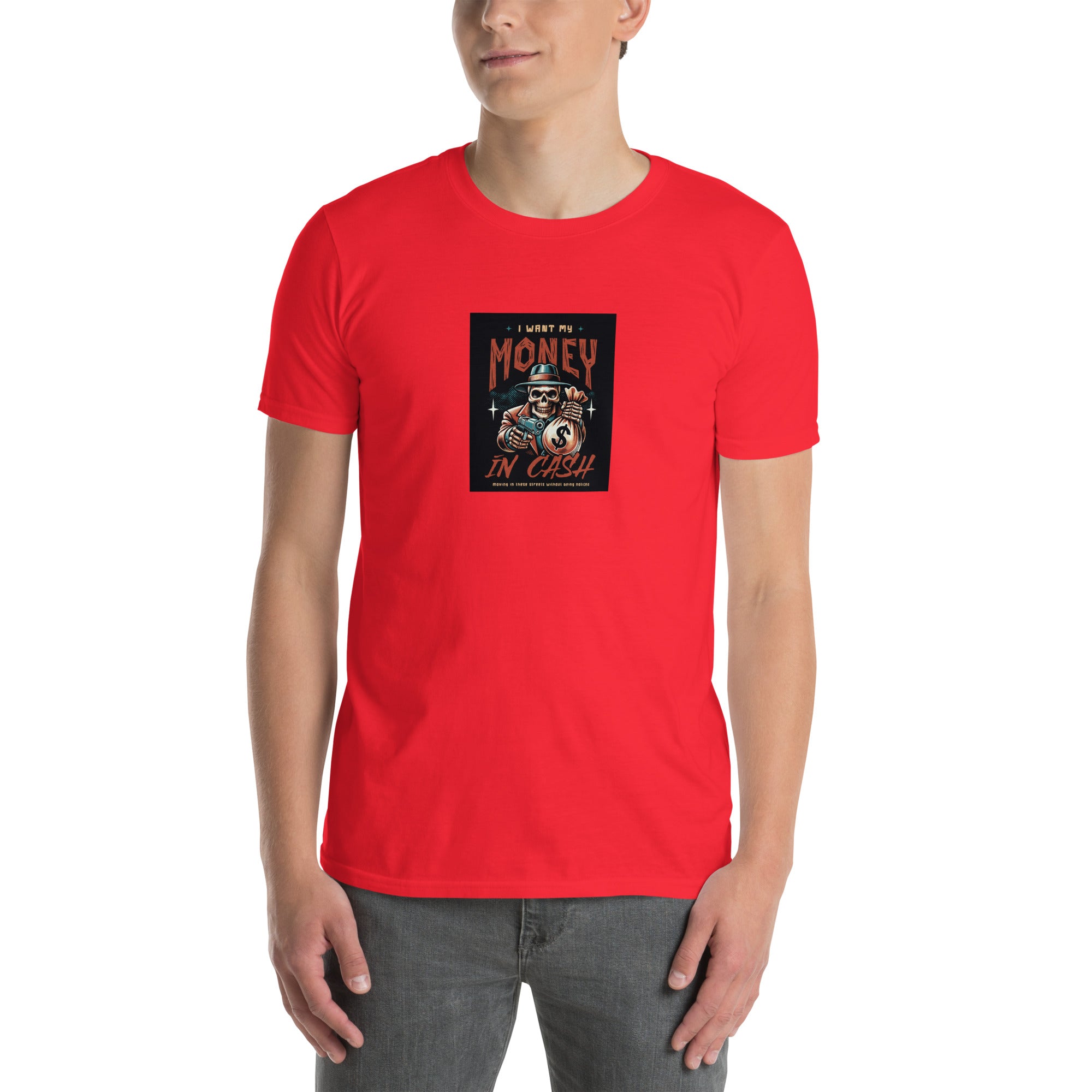 Red unisex short-sleeve T-shirt with chest square graphic print