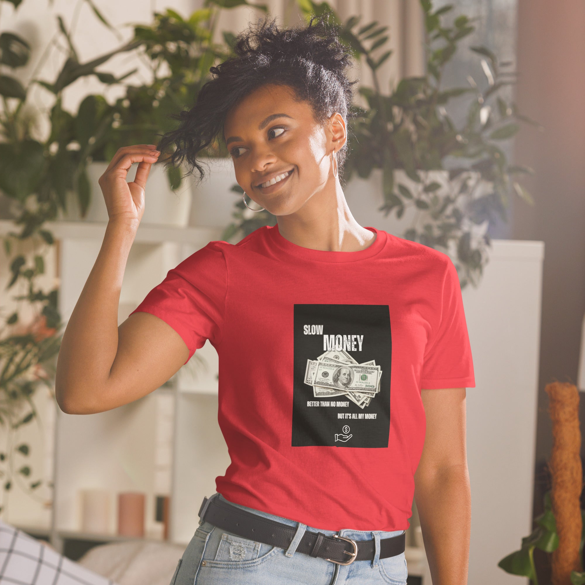 Red unisex T-shirt with short sleeves and &