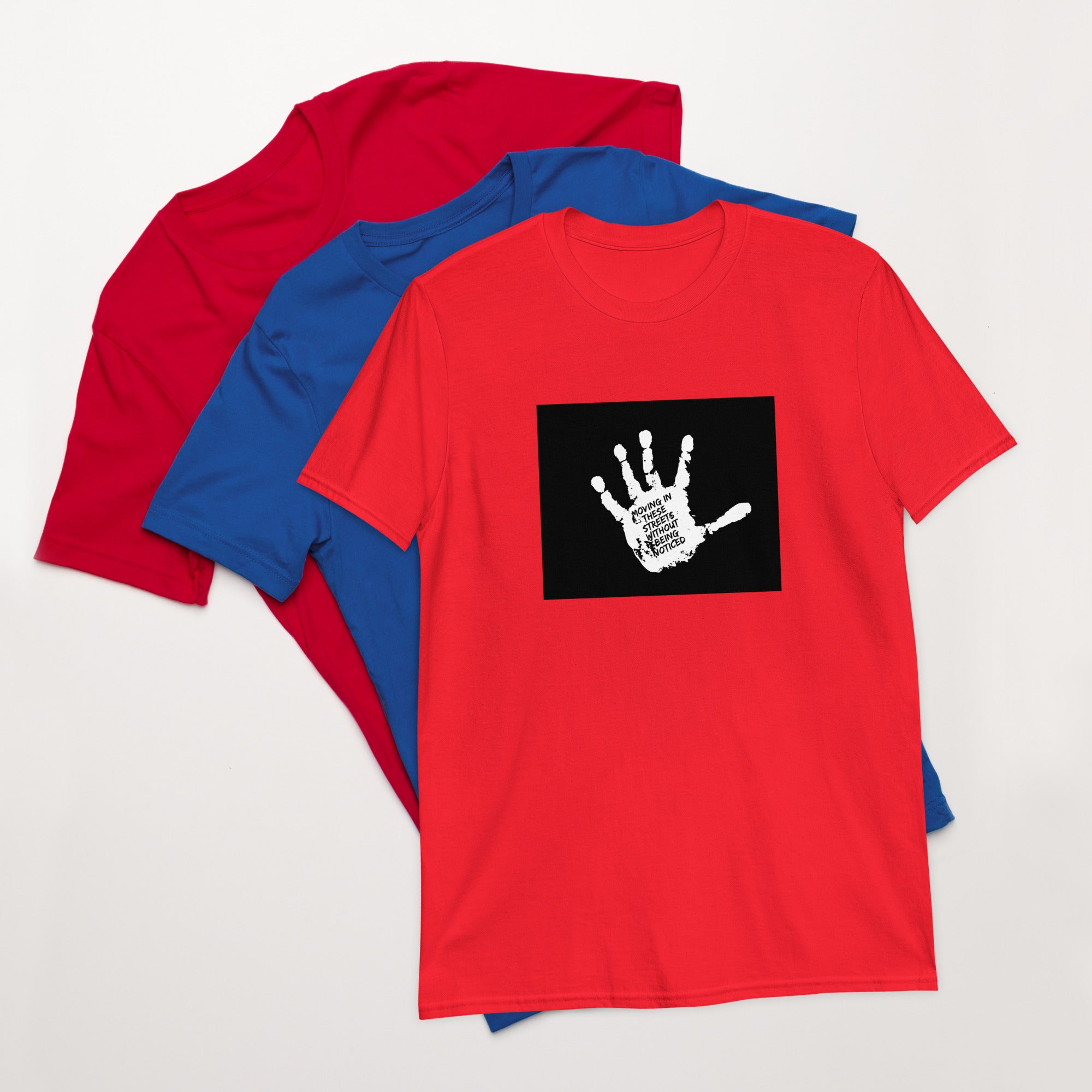 Moving In These Streets unisex T-shirt, red, white handprint graphic