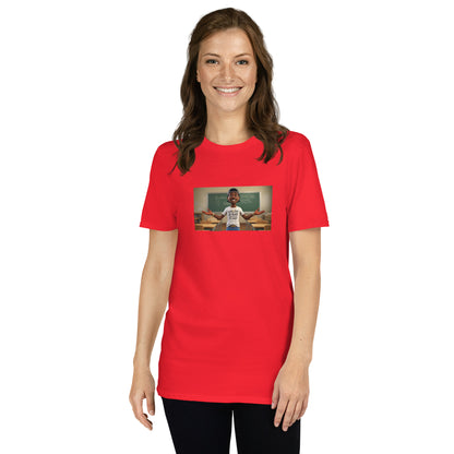 Red unisex T-shirt with front photo graphic, crew neck short sleeves