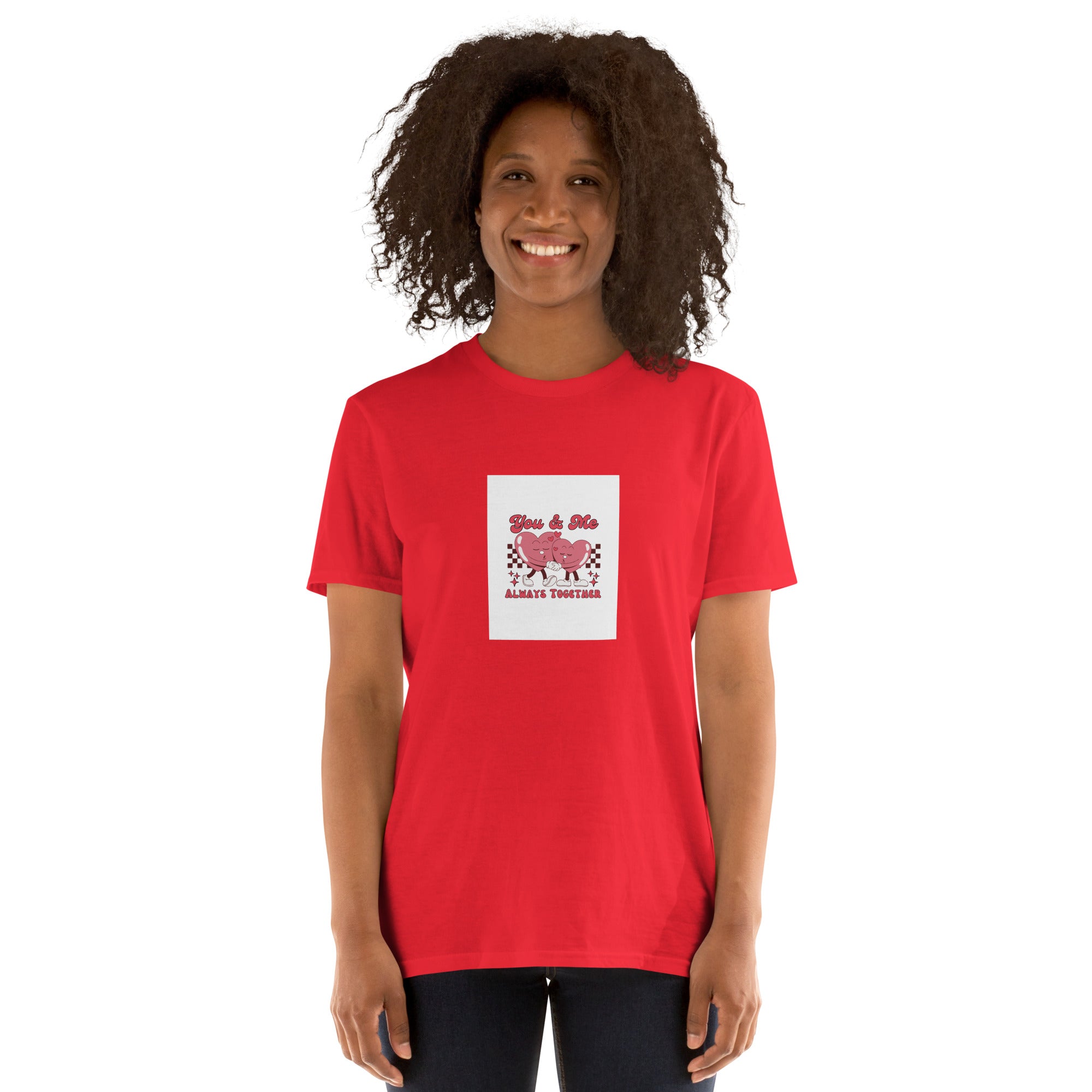You &amp; Me Always Together unisex T-shirt in red with front graphic, short sleeves