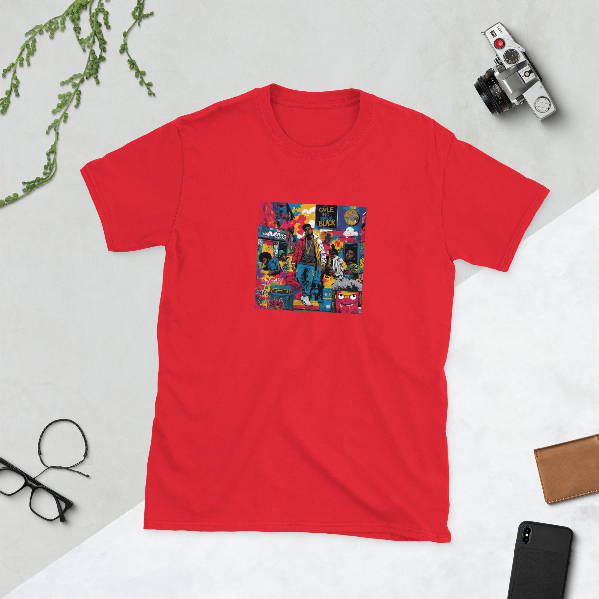 Red unisex T-shirt, short sleeves, front graphic panel