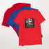Red unisex T-shirt with square “Get out of our town” graphic; blue and red behind