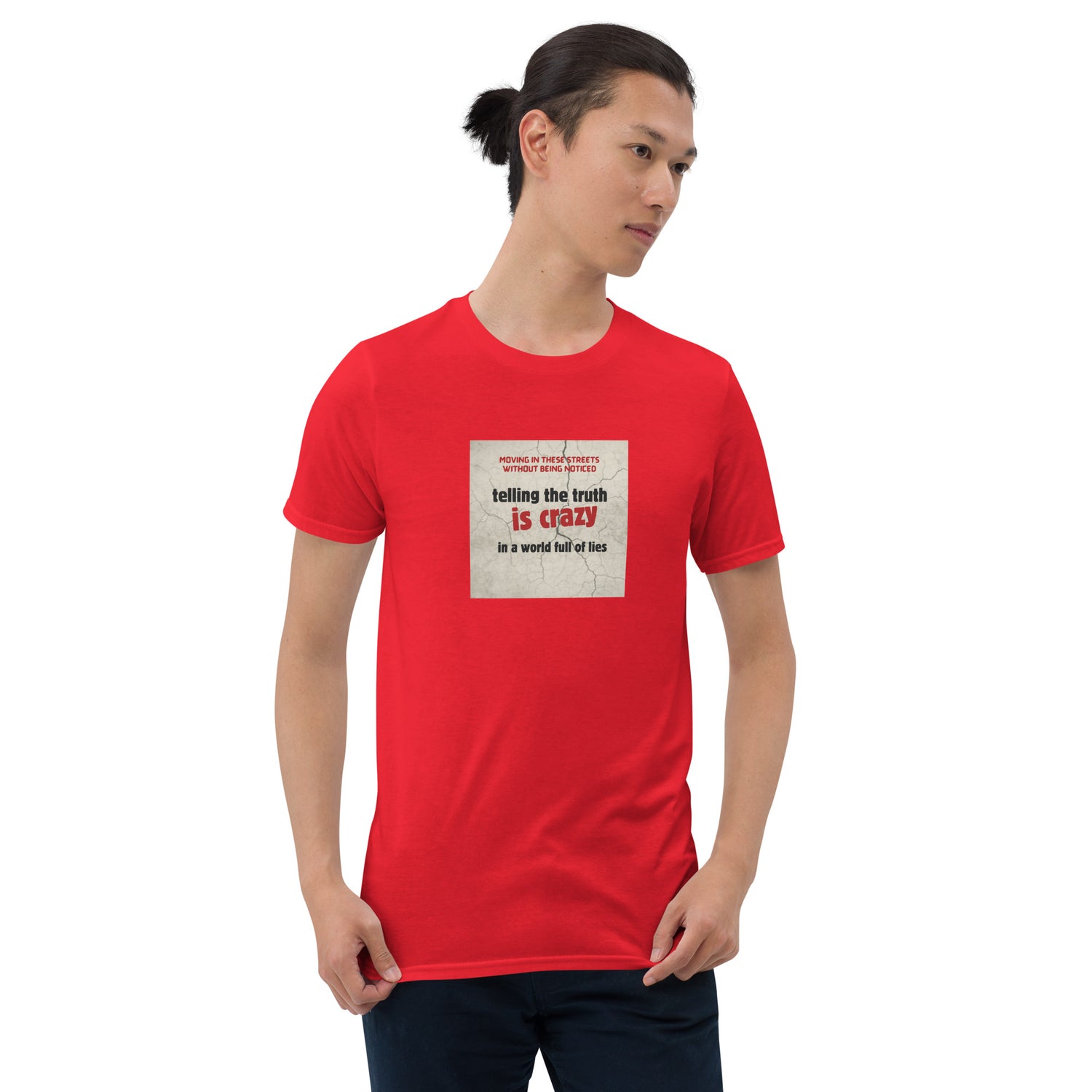 Red T-shirt with front square quote graphic