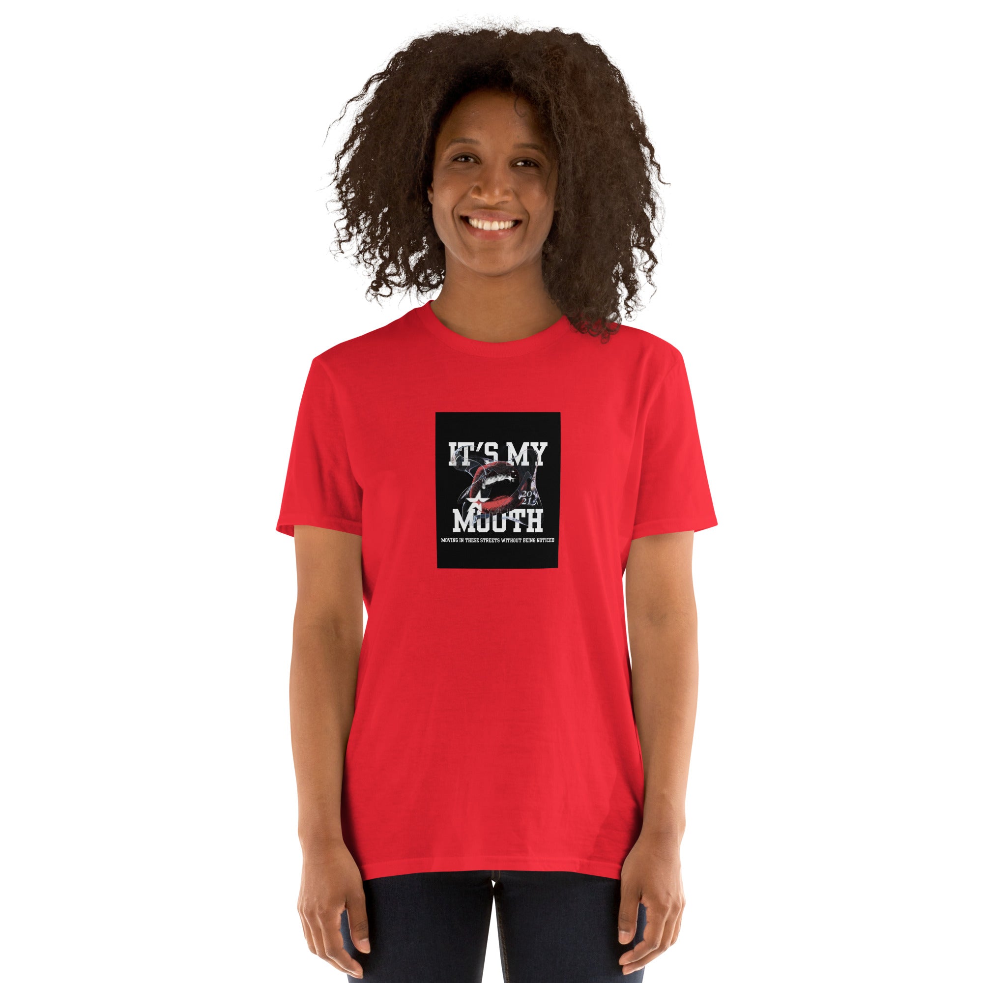 Red unisex short-sleeve T-shirt with “IT’S MY MOUTH” graphic on front