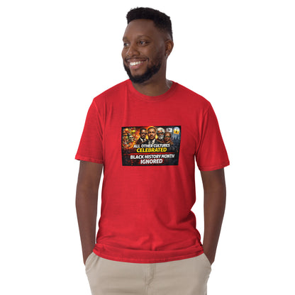 Red unisex short-sleeve T-shirt with centered “BLACK HISTORY MONTH IGNORED” graphic.