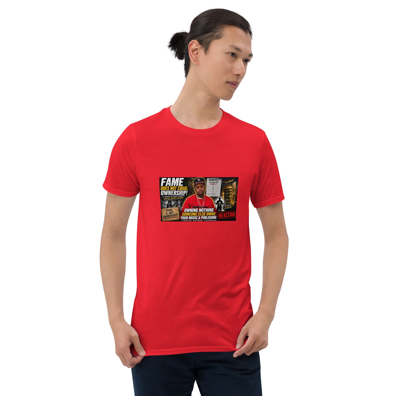 Unisex short-sleeve T-shirt, red, front view with Fame graphic print