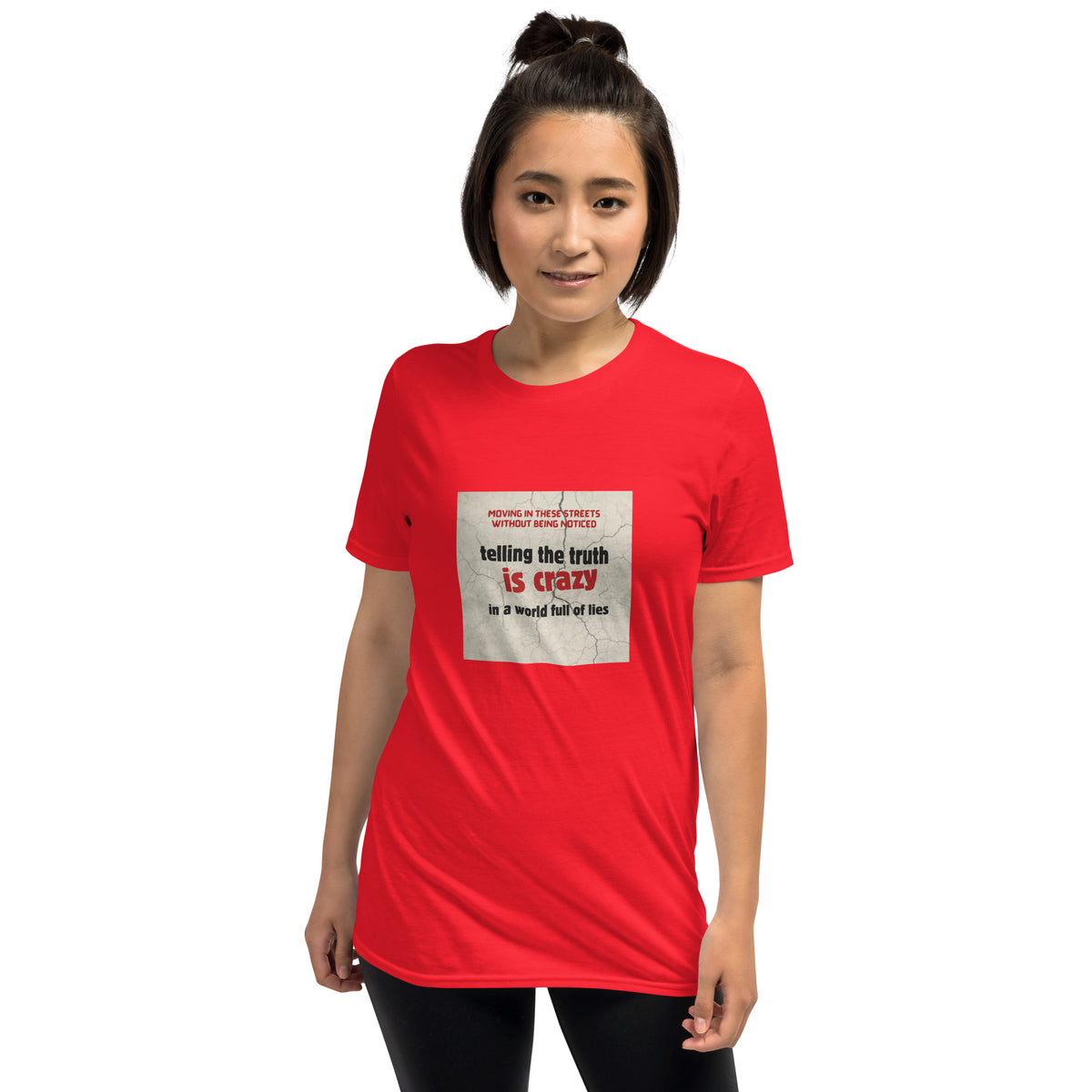Red unisex crew-neck t-shirt with front square graphic slogan, short sleeves