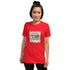 Red unisex crew-neck t-shirt with front square graphic slogan, short sleeves