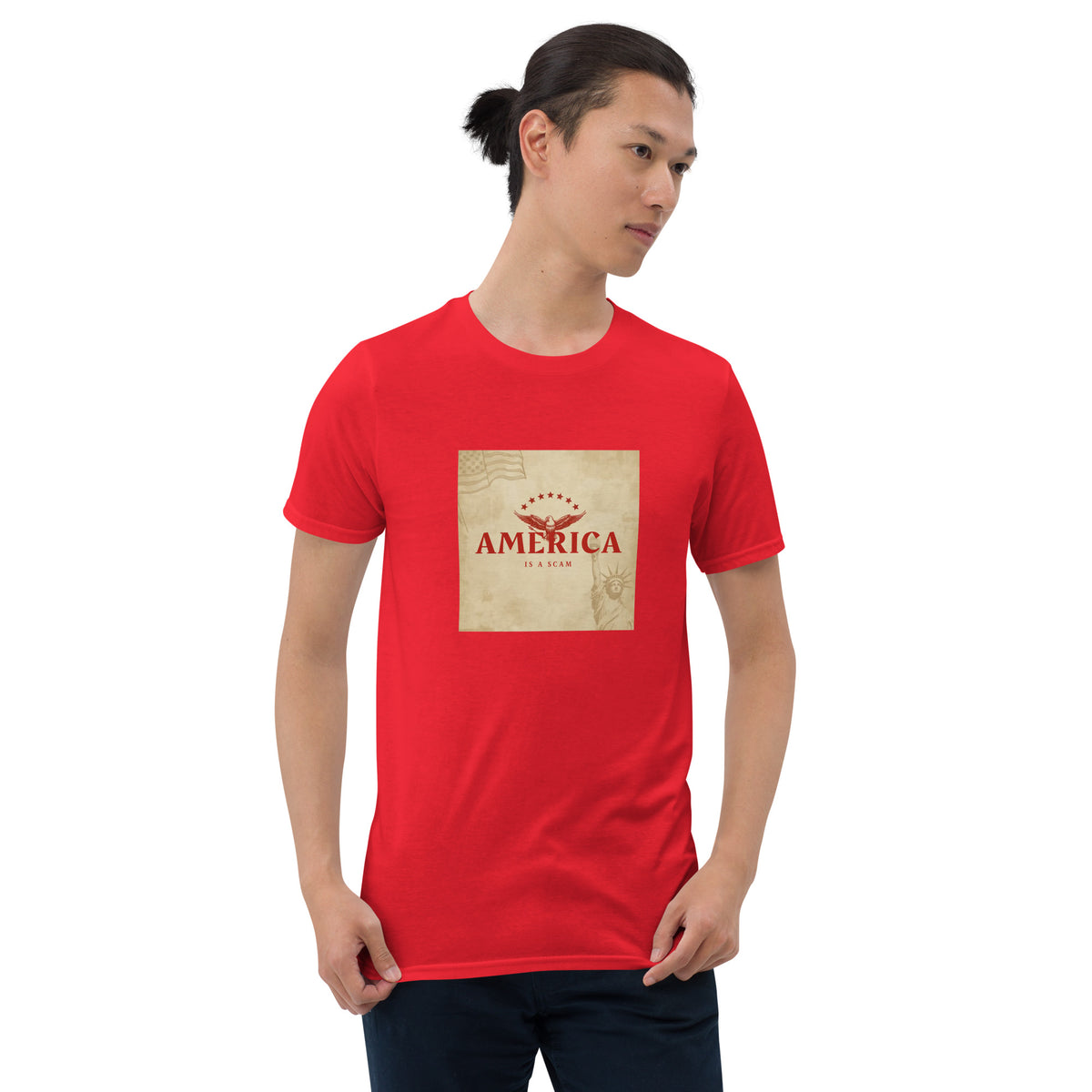 Red unisex graphic tee with square America print centered on chest