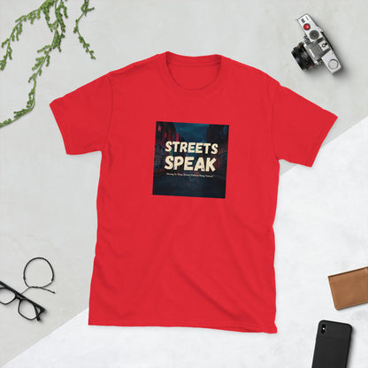 Red crewneck graphic tee with square “STREETS SPEAK” front print