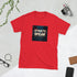Red crewneck graphic tee with square “STREETS SPEAK” front print