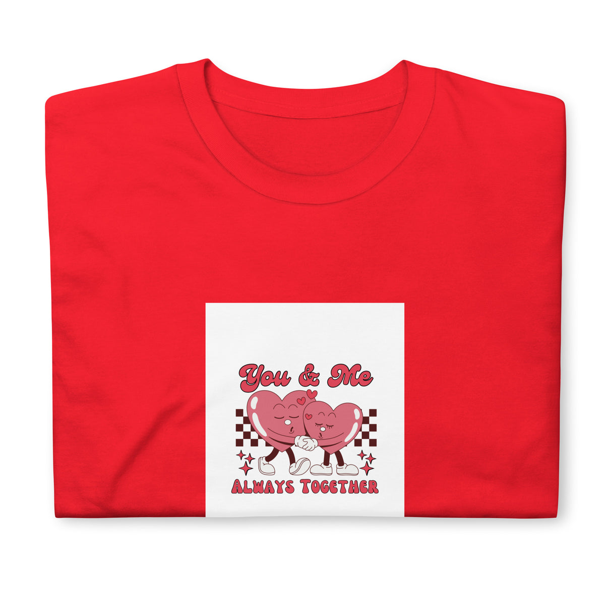 Red graphic tee with “You &amp; Me” pink couple and “Always Together” text
