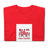 Red graphic tee with “You & Me” pink couple and “Always Together” text