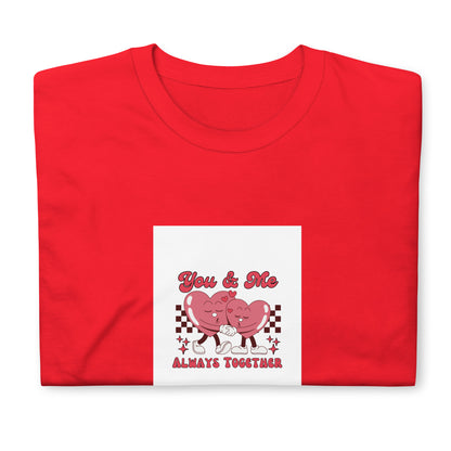 Red graphic tee with “You &amp; Me” pink couple and “Always Together” text