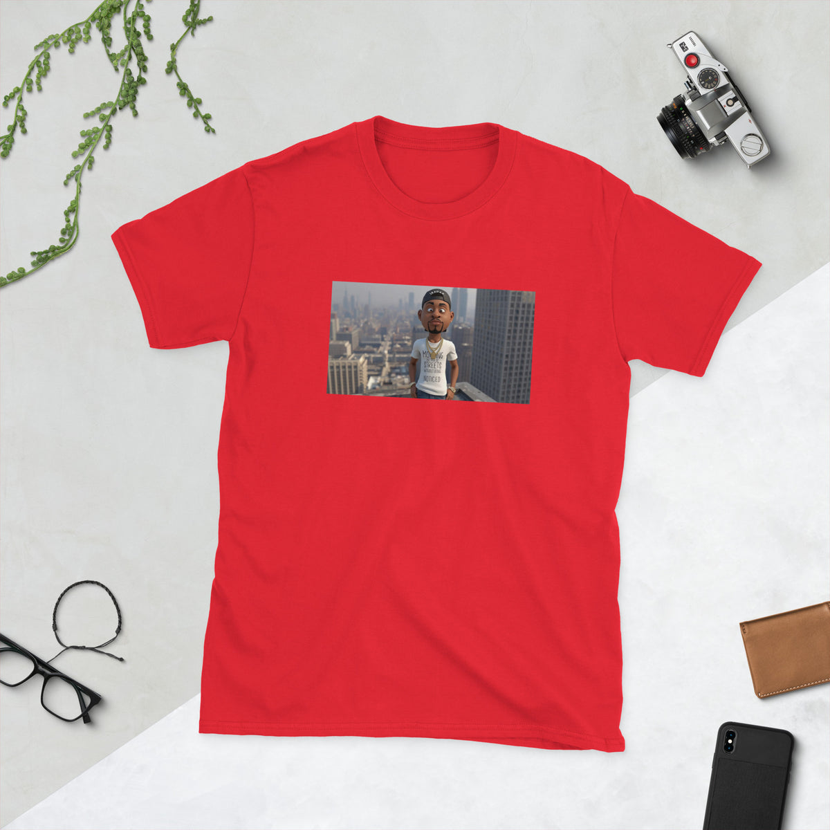 Red graphic streetwear T-shirt with front photo print rectangle design