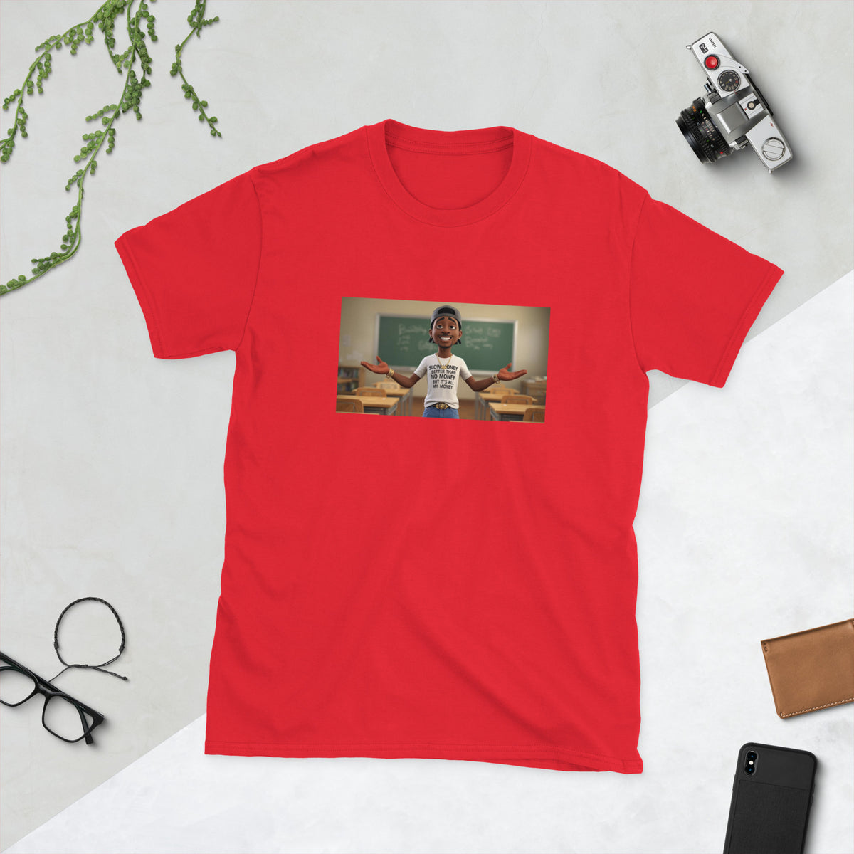 Red short-sleeve graphic tee with centered photo-style print