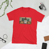 Red short-sleeve graphic tee with centered photo-style print
