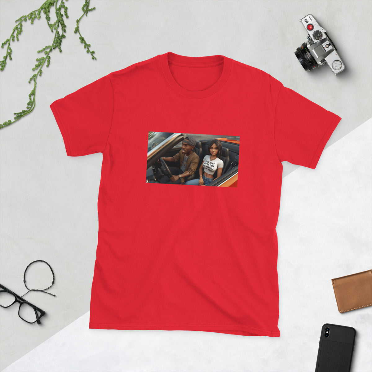 Graphic tee in red with rectangular photo-style front print