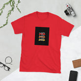Red graphic crewneck tee with multicolor square logo on the chest