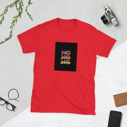 Red graphic crewneck tee with multicolor square logo on the chest